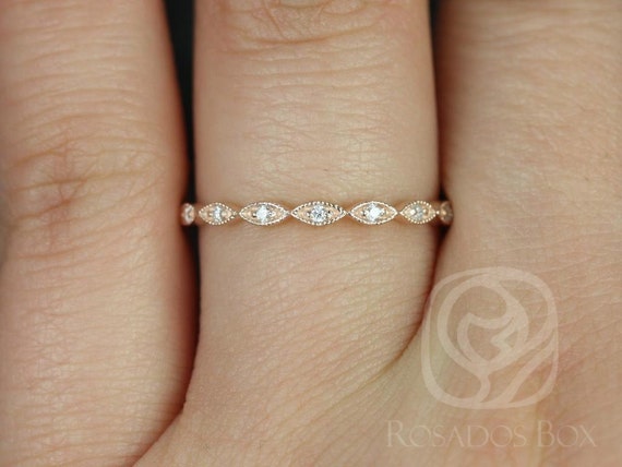 Ultra Petite Leah 14kt WITH Milgrain Diamond ALMOST Eternity Ring,Art Deco Ring,Unique Wedding Ring,Dainty Leaf Ring,Petite Diamond Ring