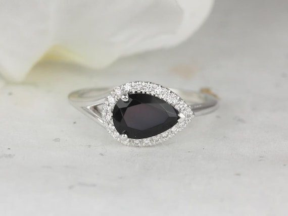 LeStrange 9x6mm 14kt Gold Black Onyx Diamond Split Shank East West Halo Engagement Ring,Serpent Ring,Unique Pear Halo Ring