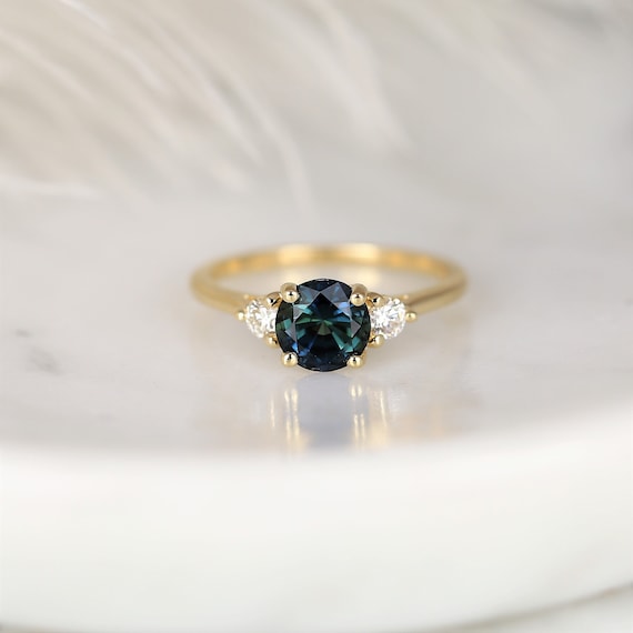 1.48ct Ready to Ship Colette 14kt Gold Peacock Teal Sapphire Diamond Minimalist 3 Stone Round Engagement Ring,Anniversary Gift