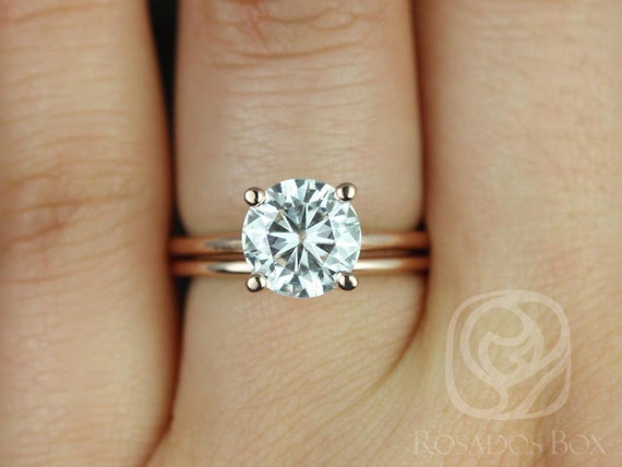 2ct Skinny Alberta 8mm & Plain Alberta 14kt Rose Gold Moissanite Dainty Round Solitaire Bridal Set