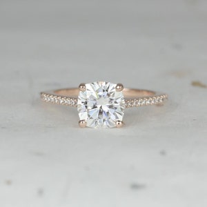 2cts Marcelle 7.5mm 14kt Rose Gold Moissanite Diamonds Thin Cushion Solitaire Accent Cathedral Engagement Ring