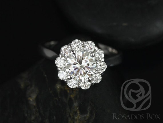 1ct Blossom 6.5mm 14kt Gold Moissanite Diamond Flower Halo Engagement Ring,Scalloped Round Halo Ring