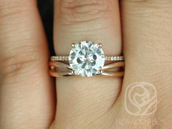 2.70ct Eloise 9mm & PLAIN Sk. Lima 14kt Rose Gold Moissanite Thin Cathedral Round Solitaire Accent Bridal Set