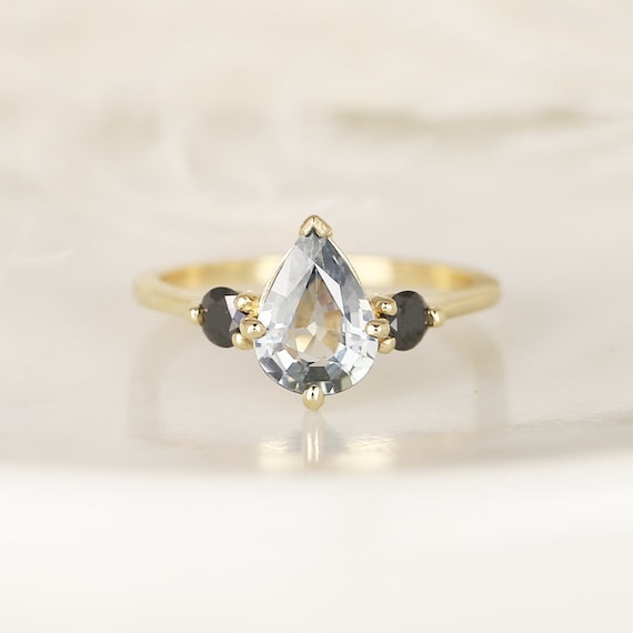 1.58ct Ready to Ship Petite Greta 14kt Gold Cornflower Blue Sapphire Black Diamond Pear Round 3 Stone Dainty Engagement Ring