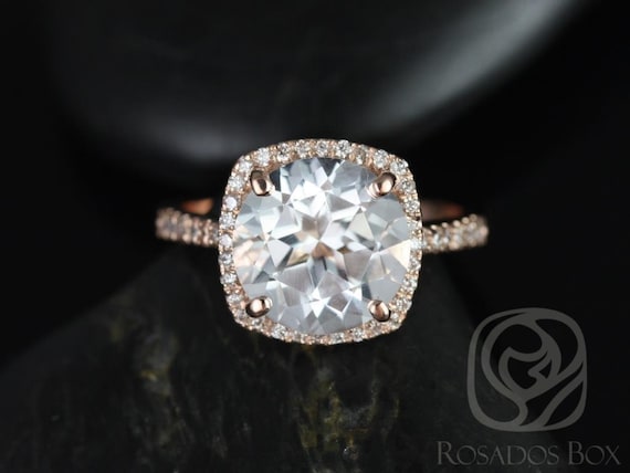 Ready to Ship Barra 10mm 14kt WHITE Gold Round White Topaz and Diamond Cushion Halo Engagement Ring, Rosados Box