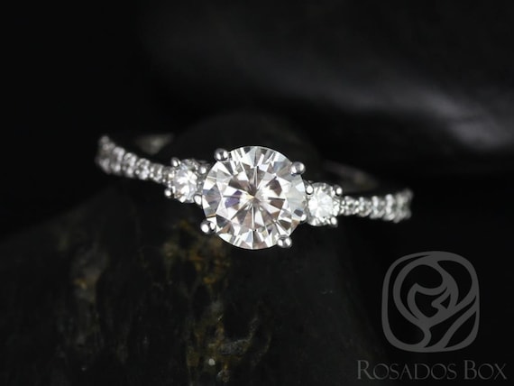 1.25ct Amy 7mm 14kt White Gold Moissanite Diamonds Prong Tapered 3 Stone Round Engagement Ring