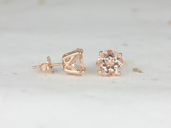 Donna 8mm 14kt Rose Gold Round Morganite Leaf Gallery Basket Stud Earrings