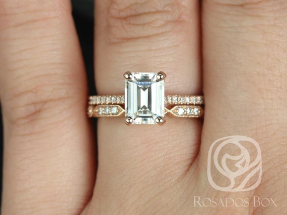 1.75ct Wilma 8x6mm & Stella 14kt Gold Moissanite Diamonds Emerald Solitaire Bridal Set,Emerald Cut Ring,Anniversary Gift,Unique Wedding Ring