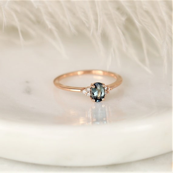 0.61ct Ready to Ship Juniper 14kt Rose Gold Ocean Teal Sapphire Diamond Dainty Art Deco Cluster Ring,September Birthstone Ring