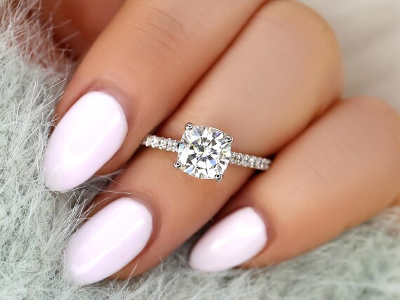 2ct Ready to Ship Jenelle 7.5mm 14kt White Gold Moissanite Cushion Engagement Ring, Cushion Solitaire with Accents,Cathedral Cushion Ring