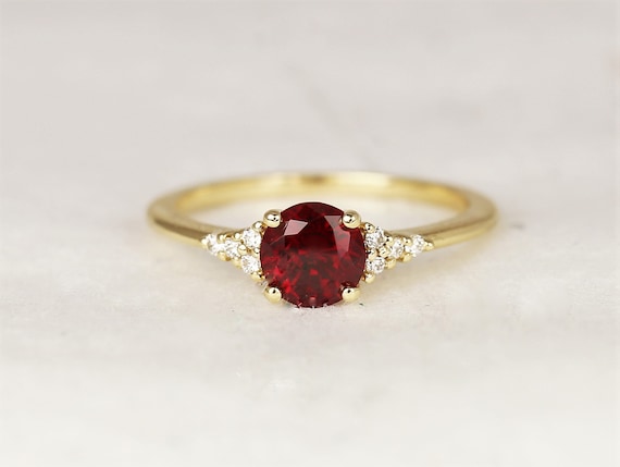 Malia 6mm 14kt Gold Red Ruby Diamond Art Deco Dainty 3 Stone Round Cluster Ring,July Birthstone,Anniversary Gift