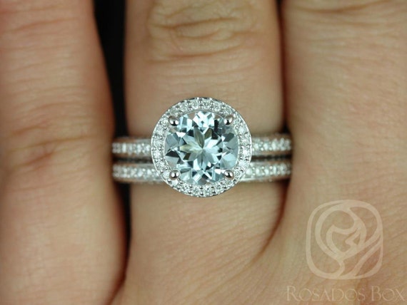 Ready to Ship Ellen 8mm 14kt White Gold Round Aquamarine Diamond Pave Halo Bridal Set