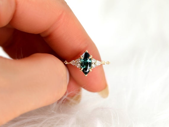 1.50ct Ready to Ship Astrid 14kt Gold Teal Sapphire Diamond Marquise Cluster Ring,Unique Marquise Ring,Art Deco Engagement Ring,Anniversary