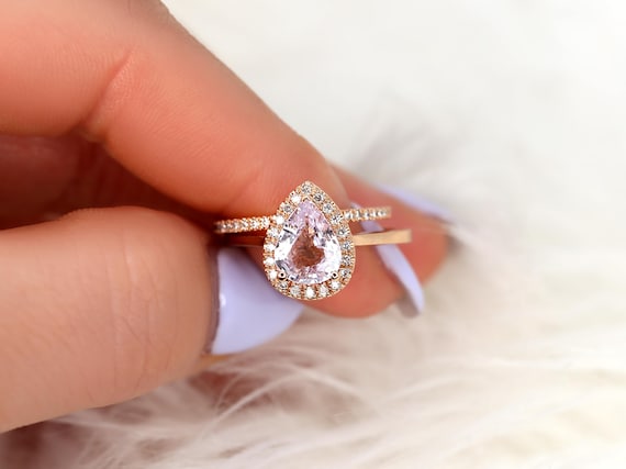 1.78ct Ready to Ship Julie 1.78cts & Kubian 14kt Rose Gold Icy Blush Sapphire Diamond Pear Halo Bridal Set,Pink Sapphire Ring,Pear Halo Ring