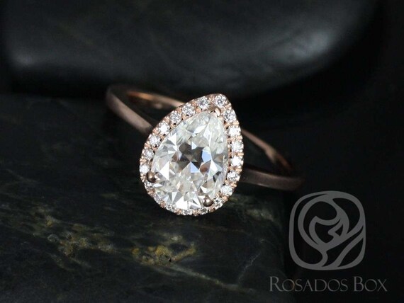 2ct Jorie 10x7mm 14kt Rose Gold Forever One Moissanite Diamond Dainty Low Cathedral Pear Halo Ring,Pear Engagement Ring