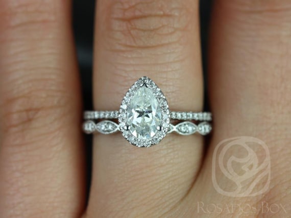 1ct Tabitha 8x5mm & Christie 14kt White Gold Forever One Moissanite Diamonds Art Deco Scalloped Pear Halo Bridal Set