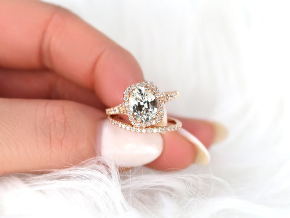 2.70ct Ready to Ship Avery 14kt Rose Gold Champagne Sapphire Diamonds Mermaid Split Cushion Halo Bridal Set,Dainty Halo Ring,Unique Ring