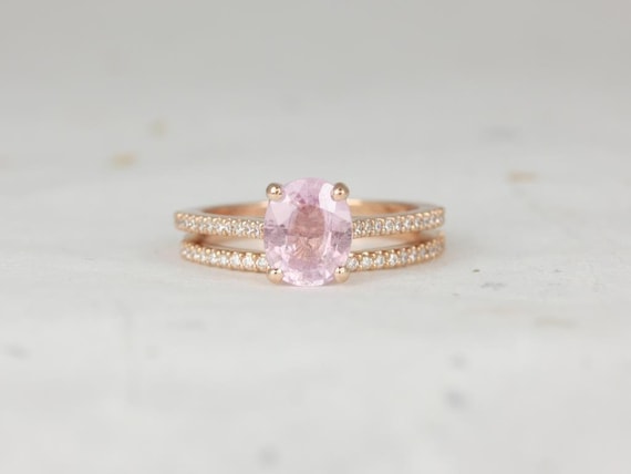 1.65ct Ready to Ship Blake 14kt Rose Gold Oval Frosty Blush Champagne Sapphire Diamond Dainty Cathedral Bridal Set