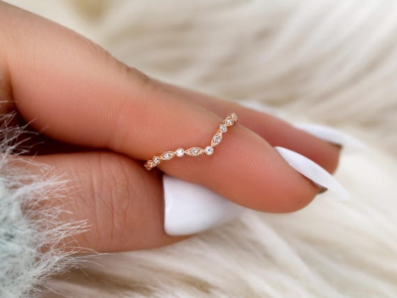 Chevron Gwen 14kt WITH Milgrain Diamond HALFWAY Eternity Ring,Dainty Diamond Band,Anniversary Ring,Diamond Wedding Ring,Stacking Ring