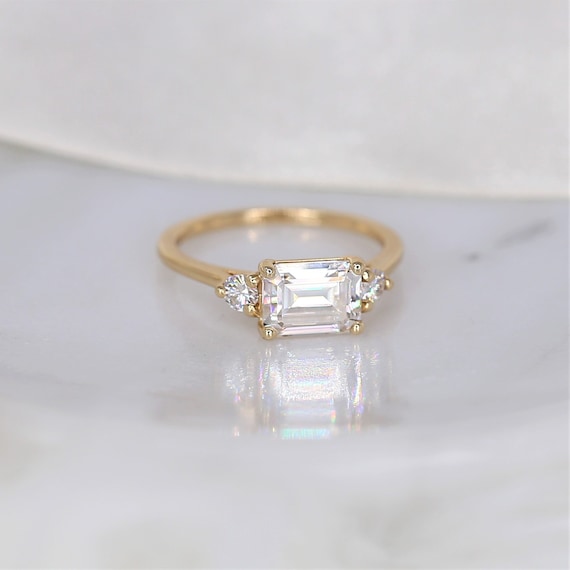 Ready to Ship 1.75cts Saint 8x6mm 14kt WHITE Gold Moissanite East West Horizontal 3 Stone Minimalist Emerald Engagement Ring