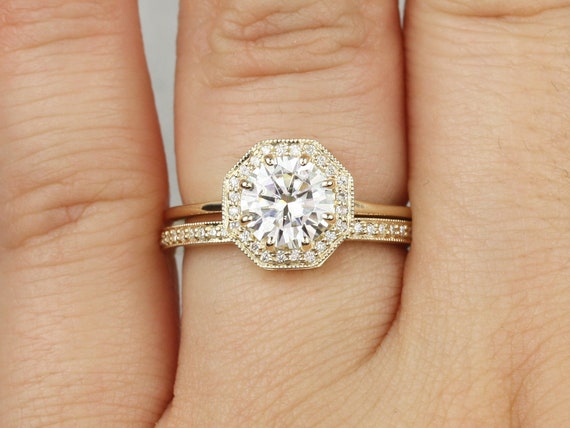 1.25ct Winona 7mm 14kt Gold Moissanite Diamond WITH Milgrain Unique Octagon Halo Bridal Set,Art Deco Wedding,Promise Ring