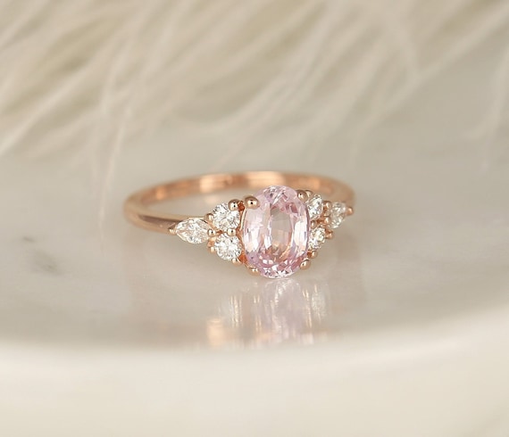 1.70ct Ready to Ship Thea 14kt Blush Champagne Sapphire Diamond Cluster Ring,Three Stone Oval Ring,Unique Wedding Ring,September Birthstone