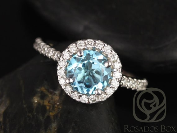 Rosados Box Ready to Ship Jolie 7mm 18kt White Gold Round Sky Blue Topaz and Diamonds Halo Engagement Ring