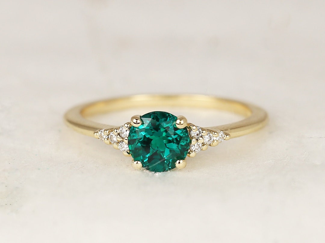 Malia 6mm 14kt Gold Green Emerald Diamond Art Deco Dainty 3 Stone Round ...