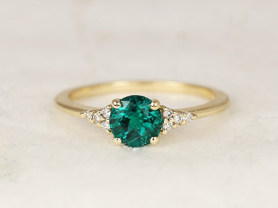 Malia 6mm 14kt Gold Green Emerald Diamond Art Deco Dainty 3 Stone Round Cluster Ring,May Birthstone,Anniversary Gift