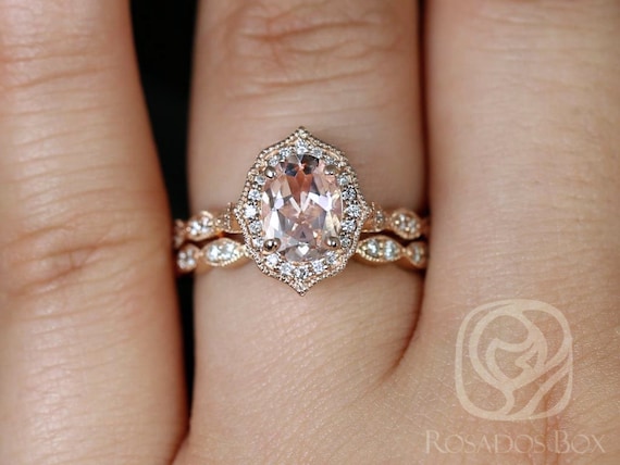 Lana 8x6mm 14kt Morganite Diamond WITH Milgrain Unique Halo Bridal Set,Oval Engagement Ring,Oval Wedding Ring,Morganite Ring Set,Anniversary