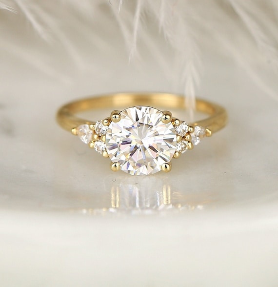 2cts Constance 8mm 14kt Gold Moissanite Diamonds Unique Dainty Cluster 3 Stone Round Engagement Ring