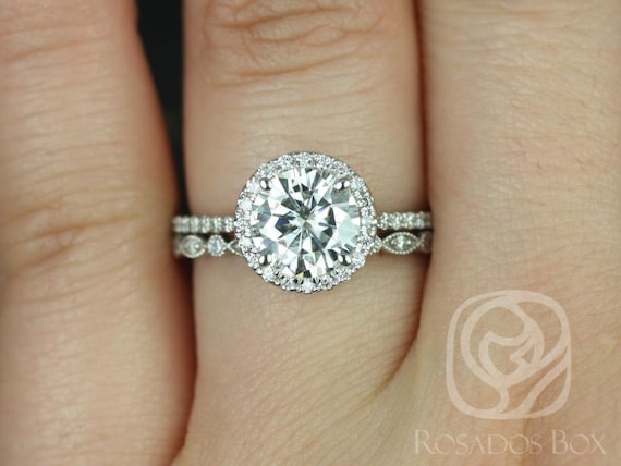 1.50ct Kimberly 7.5mm & Gwen 14kt Moissanite Diamond Round Halo Bridal Set,Round Halo Engagement Ring,Round Wedding Ring Set,Anniversary
