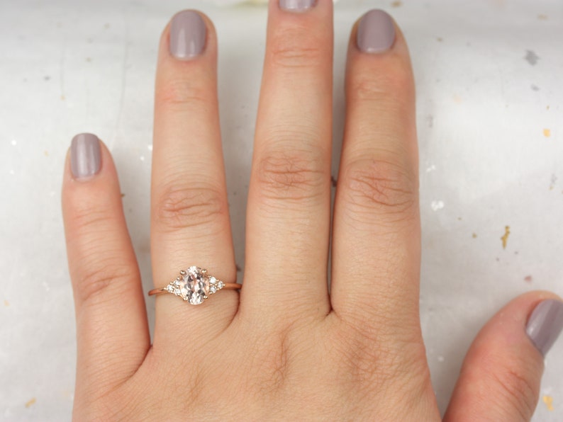 Juniper 8x6mm 14kt Rose Gold Morganite Diamond Three Stone Oval Engagement Ring,Dainty Morganite Cluster Ring,Anniversary Gift image 5
