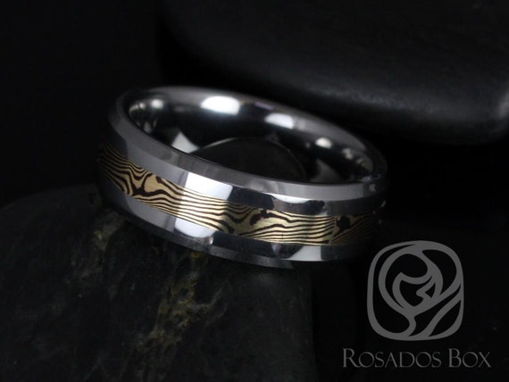 Kenshi 14kt Yellow Gold & Shakudo Mokume Gane Tungsten Carbide Beveled Edge Band