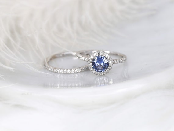 1.07ct Ready to Ship Callie 14kt White Gold Cornflower Blue Sapphire Diamond Round Halo Bridal Set,Sapphire Halo Engagement Ring,Anniversary