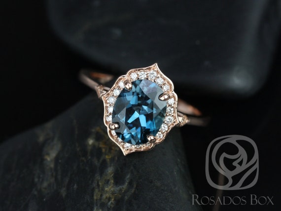 Mae 9x7mm 14kt Rose Gold London Blue Topaz Diamond Vintage Art Deco Oval Halo WITHOUT Milgrain Engagement Ring
