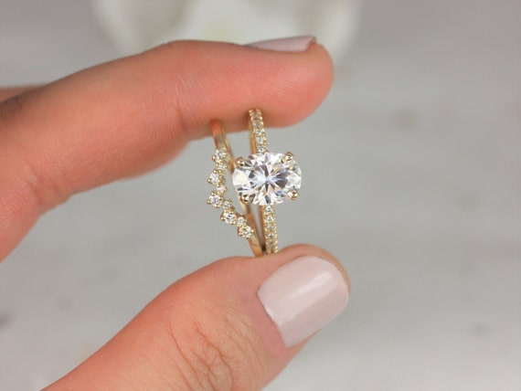 2ct EXTRA LOW Viviana 9x7mm & Remy 14kt Gold Moissanite Diamond Dainty Pave Oval Scarf Halo Bridal Set