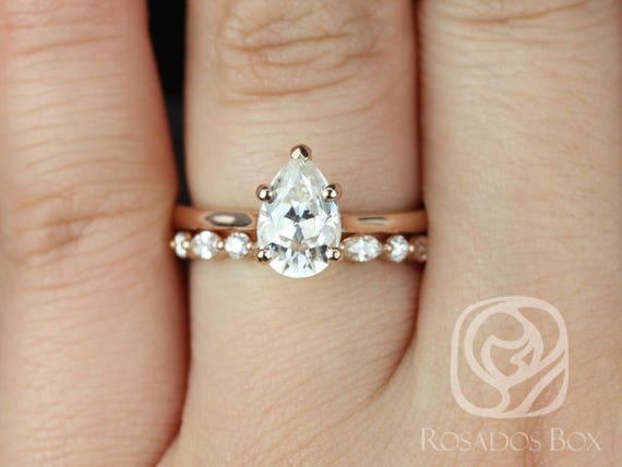 1.50ct Skinny Jane 9x6mm & Cher 14kt Rose Gold Forever One Moissanite Diamonds Dainty Art Deco Pear Solitaire Bridal Set