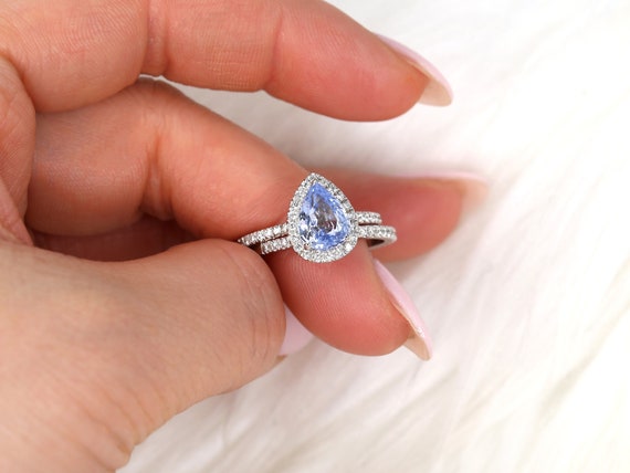 2.04ct Ready to Ship Toni 14kt White Gold Cornflower Blue Sapphire Diamonds Dainty Pear Halo Bridal Set,Sapphire Halo Ring,Anniversary Gift