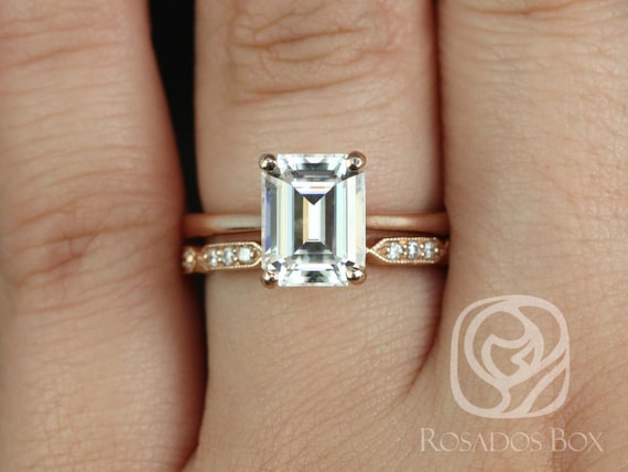 Skinny Norma 9x7mm & Stella 14kt Rose Gold Emerald Moissanite Diamond Bridal Bridal Set