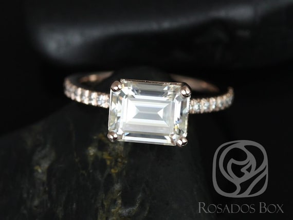 2.60ct Becca 9x7mm 14kt Rose Gold Moissanite Diamond East West Horizontal Set Pave Emerald Solitaire Engagement Ring