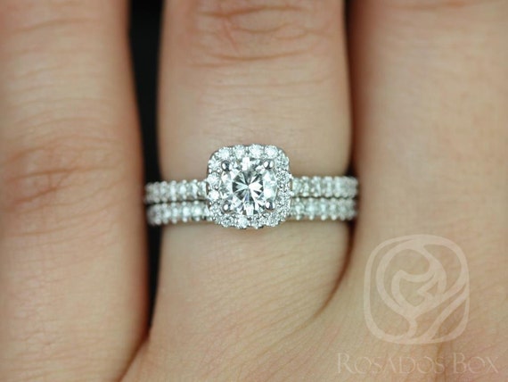 Ready to Ship Mikena 5mm 14kt White Gold Round Forever One DEF Moissanite Diamonds Cushion Halo Bridal Set