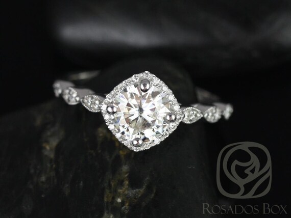 Katya 7mm 14kt White Gold Moissanite Diamond WITH Milgrain Unique Halo Engagement Ring,Kite Art Deco Halo Ring