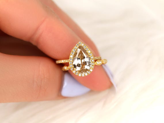 3.94ct Ready to Ship Tabitha & Christie 18kt Gold Champagne Zircon Diamonds Art Deco Pear Halo Bridal Set,Pear Engagement Ring,Wedding Ring