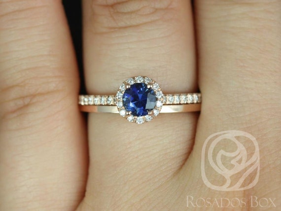 0.63ct Ready to Ship Amanda & Plain Barra 14k Rose Gold Blue Sapphire Diamond Pave Round Halo Bridal Set