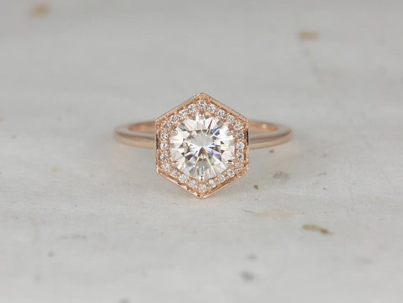 1.25ct Willis 7mm 14kt Rose Gold Moissanite Diamond Art Deco Hexagon Halo WITHOUT Milgrain Ring,Unique Engagement Ring