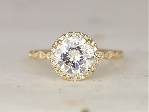 2ct Georgia 8mm 14kt Gold Moissanite Diamond Art Deco Round Halo WITH Milgrain Engagement Ring,Dainty Vintage Halo Ring