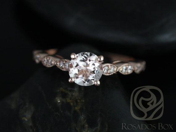 Ready to Ship Helena 6mm 14kt Rose Gold Morganite Diamond Unique Scalloped Art Deco Pave Round Solitaire Engagement Ring