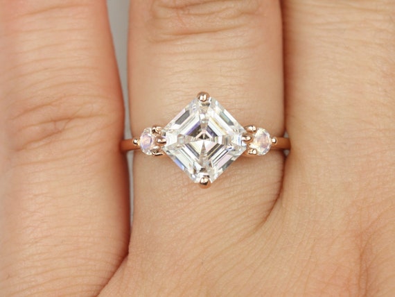 2.20cts Maxine 8mm 14kt Rose Gold Forever One Moissanite Moonstone Round Dainty 3 Stone Asscher Engagement Ring