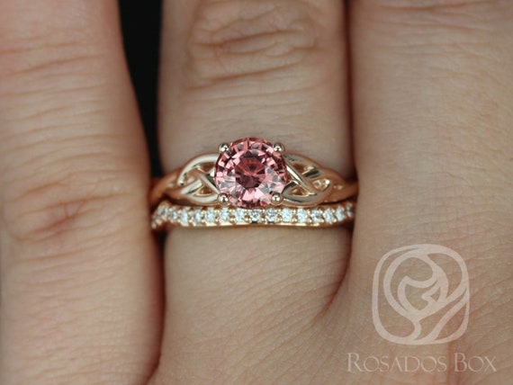 1.34cts Ready to Ship Cassidy 14kt Solid Rose Gold Round Rustic Coral Fire Sapphire Diamonds Celtic Bridal Set